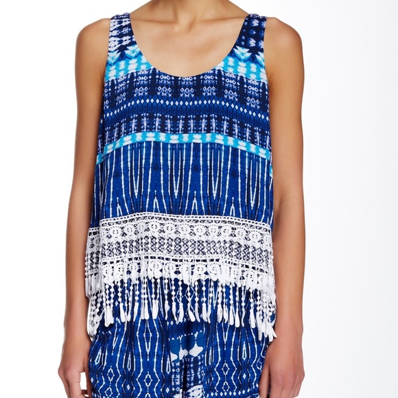 GREEN DRAGON Lace Fringed Layered Tank Print Top Crochet BOHO NEW NWT Blue 🎉HP - Picture 2 of 3